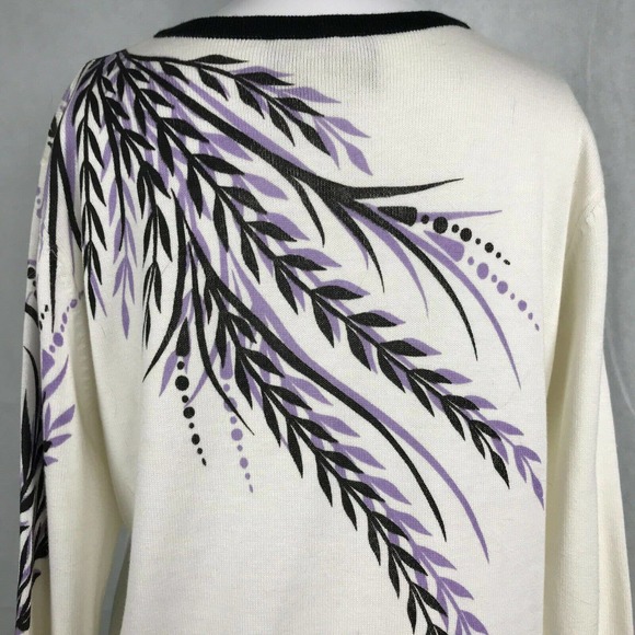 Bob Mackie Cardigan Women Sz S Cotton Blend White Purple Floral Full Zip Sweater - Picture 5 of 10